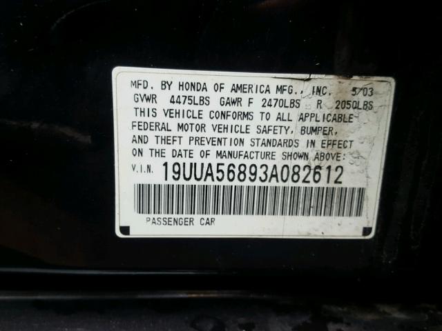 19UUA56893A082612 - 2003 ACURA 3.2TL TYPE BLACK photo 10