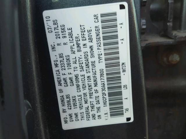 1HGCP2F30AA177800 - 2010 HONDA ACCORD LX GRAY photo 10