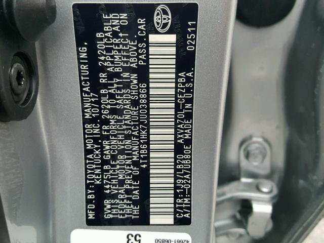 4T1B61HK7JU038866 - 2018 TOYOTA CAMRY XSE SILVER photo 10