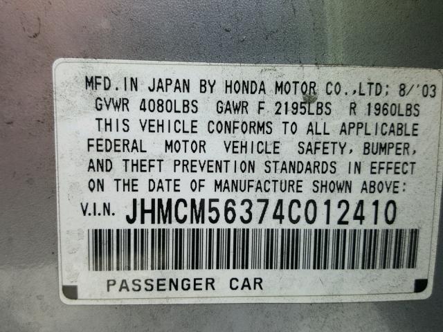 JHMCM56374C012410 - 2004 HONDA ACCORD LX SILVER photo 10