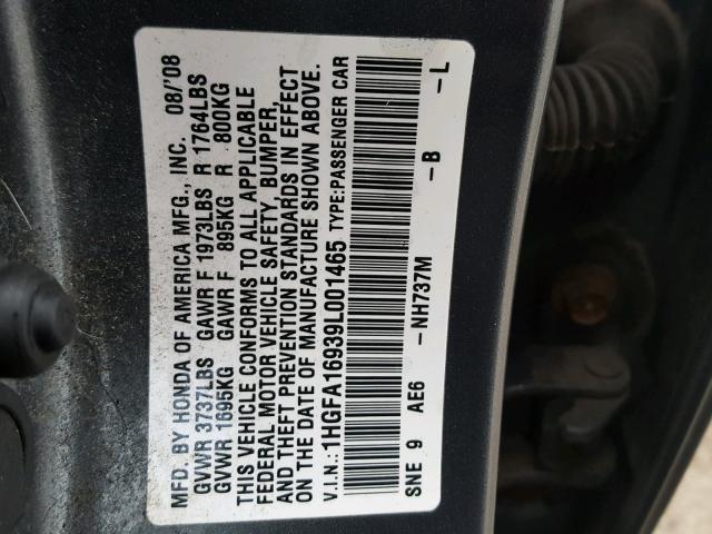 1HGFA16939L001465 - 2009 HONDA CIVIC EXL Boz foto 10