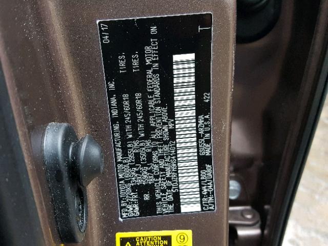 5TDJZRFH9HS414012 - 2017 TOYOTA HIGHLANDER BROWN photo 10