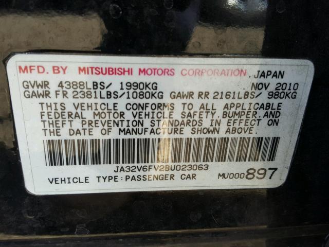 JA32V6FV2BU023063 - 2011 MITSUBISHI LANCER RAL BLACK photo 10