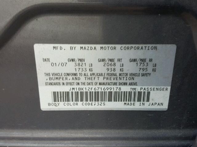 JM1BK12F671699178 - 2007 MAZDA 3 I CHARCOAL photo 10