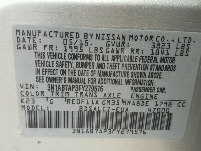 3N1AB7AP3FY279576 - 2015 NISSAN SENTRA S SILVER photo 10