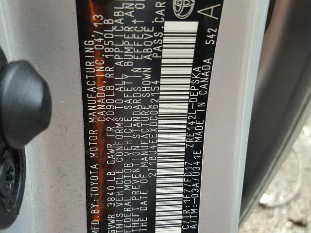 2T1BU4EEXDC062154 - 2013 TOYOTA COROLLA BA SILVER photo 10