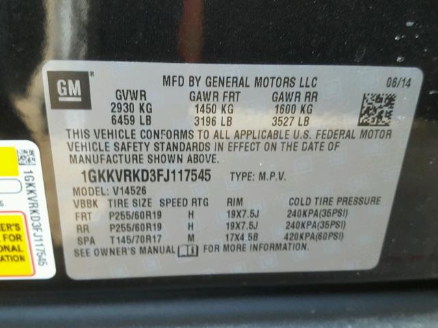 1GKKVRKD3FJ117545 - 2015 GMC ACADIA SLT შავი ფოტო 10