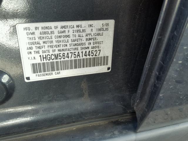 1HGCM56475A144527 - 2005 HONDA ACCORD LX GRAY photo 10