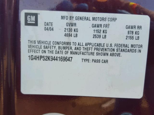 1G4HP52K944169647 - 2004 BUICK LESABRE CU BURGUNDY photo 10