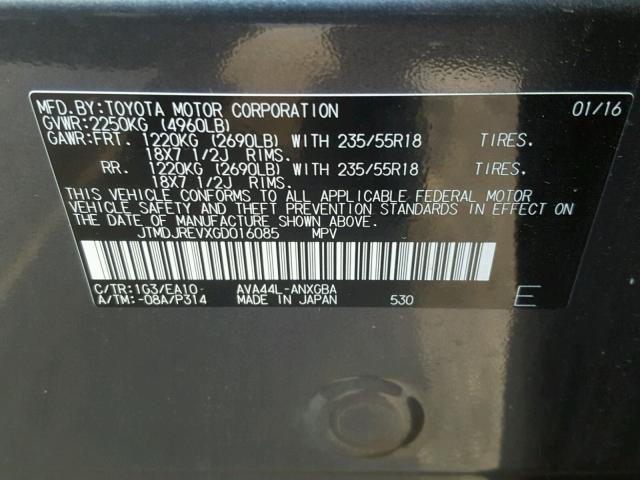 JTMDJREVXGD016085 - 2016 TOYOTA RAV4 HV LI GRAY photo 10