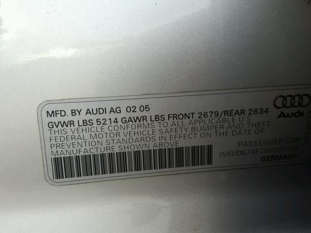 WAUDG74F75N097306 - 2005 AUDI A6 3.2 QUA SILVER photo 10