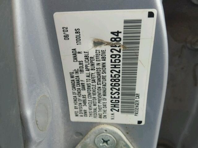 2HGES26852H592584 - 2002 HONDA CIVIC EX ვერცხლისფერი ფოტო 10