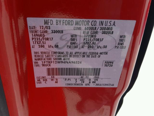 1FTRF12W94NA96524 - 2004 FORD F150 RED photo 10