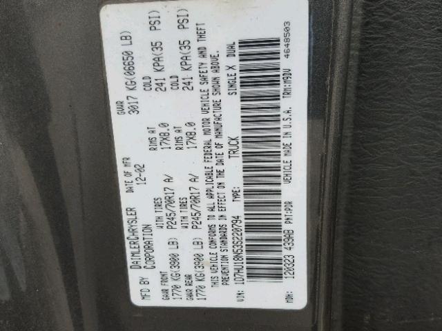 1D7HU18N53S220794 - 2003 DODGE RAM 1500 S GRAY photo 10