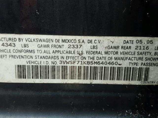 3VWSF71K85M640460 - 2005 VOLKSWAGEN NEW JETTA BLUE photo 10