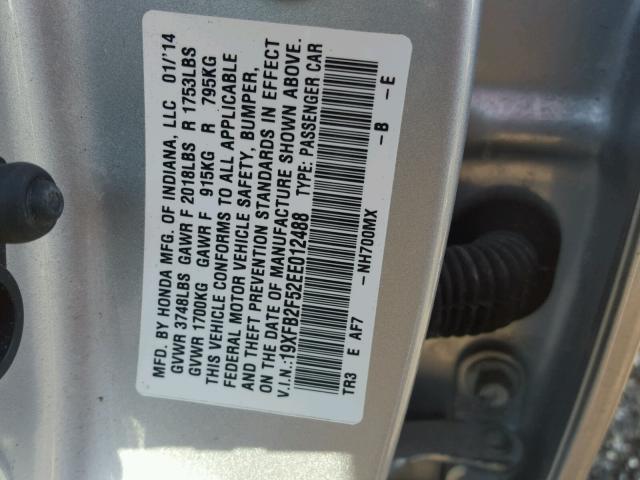 19XFB2F52EE012488 - 2014 HONDA CIVIC LX SILVER photo 10