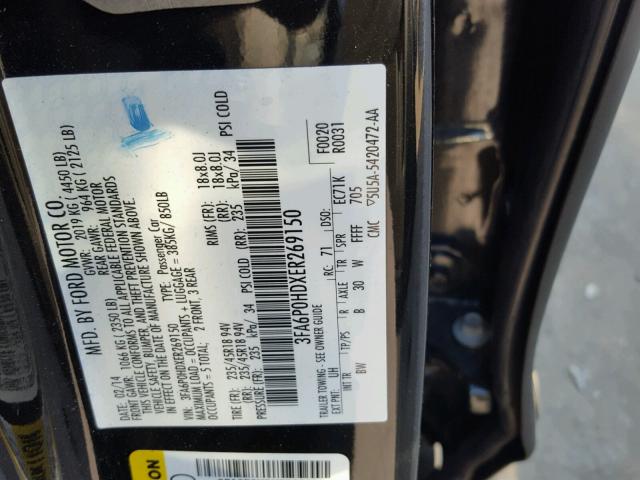 3FA6P0HDXER269150 - 2014 FORD FUSION SE BLACK photo 10