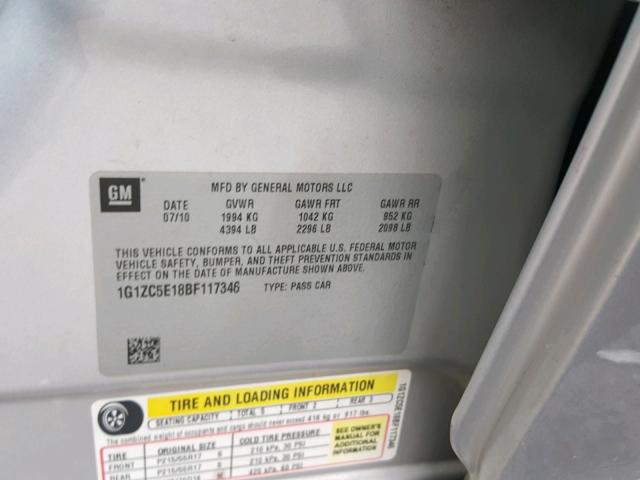 1G1ZC5E18BF117346 - 2011 CHEVROLET MALIBU 1LT 银色 照片 10