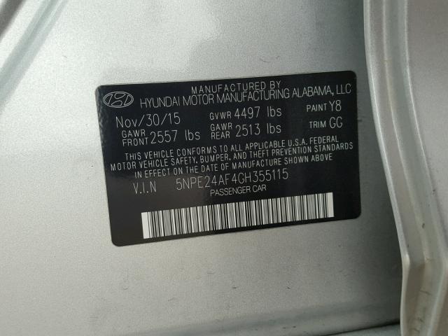 5NPE24AF4GH355115 - 2016 HYUNDAI SONATA SE SILVER photo 10