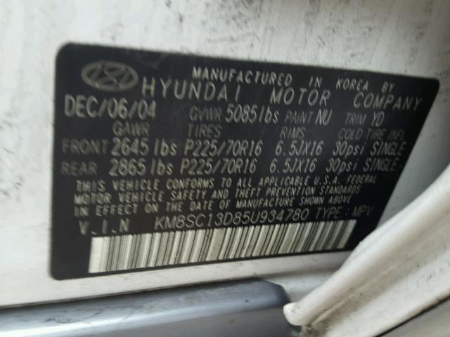 KM8SC13D85U934780 - 2005 HYUNDAI SANTA FE G WHITE photo 10