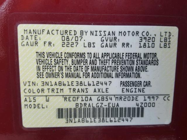 3N1AB61E38L612447 - 2008 NISSAN SENTRA 2.0 MAROON photo 10