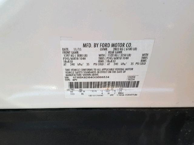 1FM5K8D84GGB66534 - 2016 FORD EXPLORER X WHITE photo 10