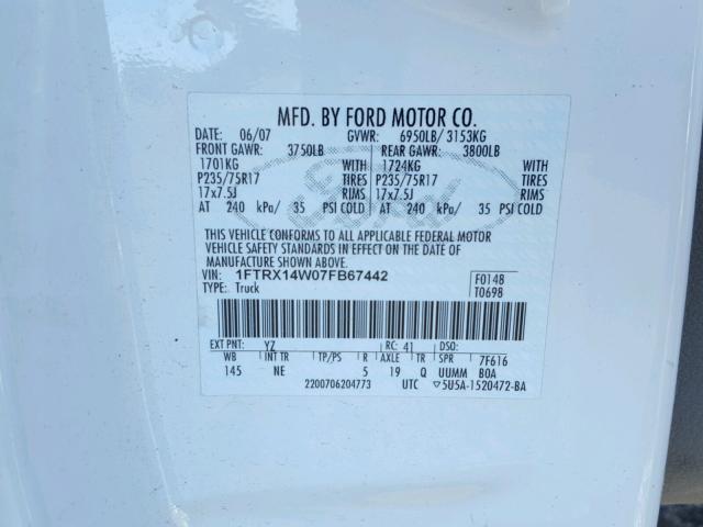 1FTRX14W07FB67442 - 2007 FORD F150 WHITE photo 10