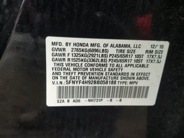 5FNYF4H92BB058188 - 2011 HONDA PILOT TOUR BLACK photo 10