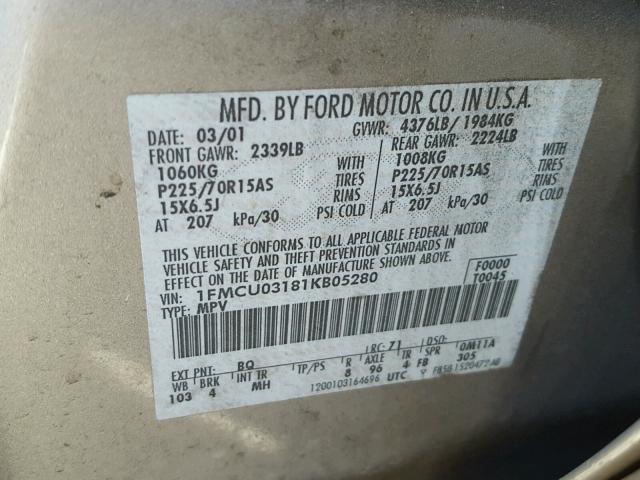 1FMCU03181KB05280 - 2001 FORD ESCAPE XLT TAN photo 10