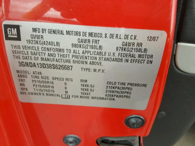 3GNDA13D38S626687 - 2008 CHEVROLET HHR LS 红色 照片 10