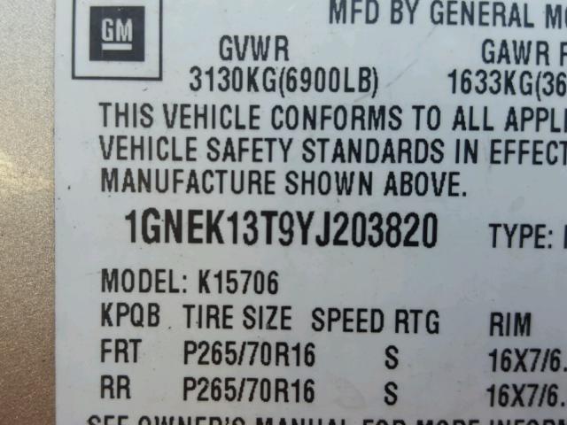 1GNEK13T9YJ203820 - 2000 CHEVROLET TAHOE K150 TAN photo 10