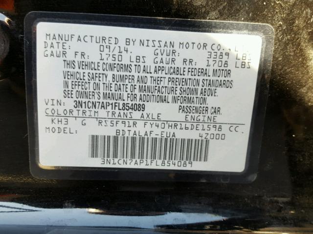 3N1CN7AP1FL854089 - 2015 NISSAN VERSA S BLACK photo 10