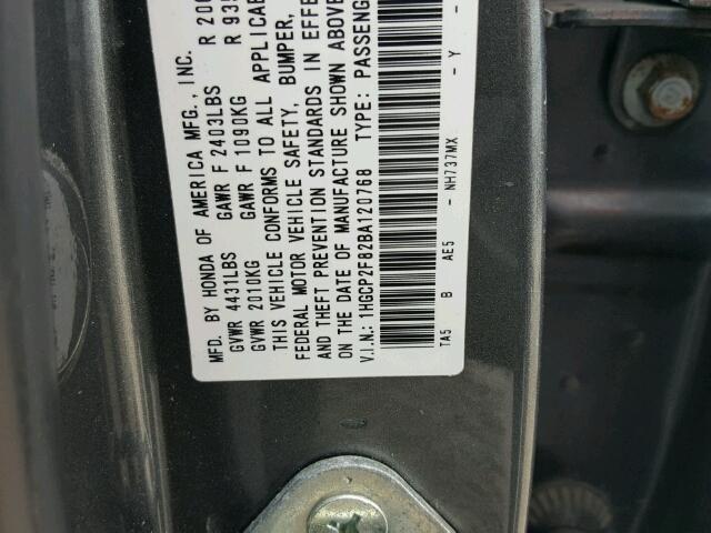 1HGCP2F82BA120768 - 2011 HONDA ACCORD EXL GRAY photo 10