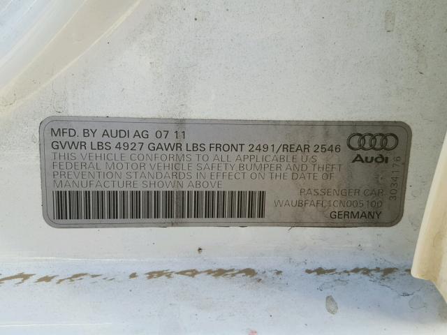 WAUBFAFL1CN005100 - 2012 AUDI A4 PREMIUM WHITE photo 10