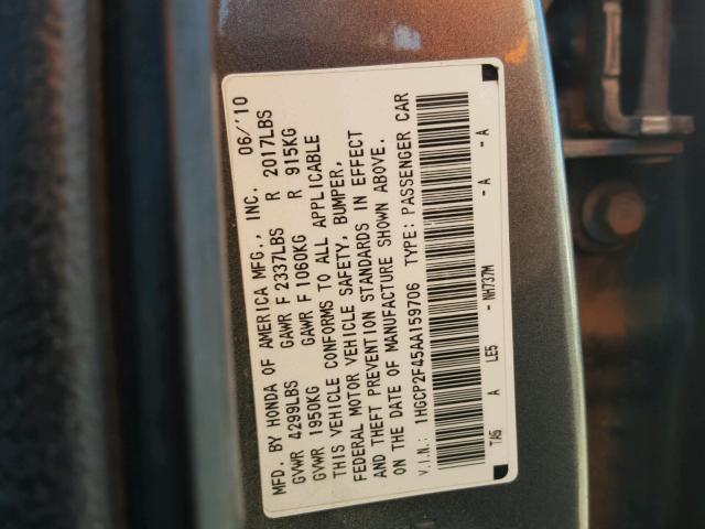 1HGCP2F45AA159706 - 2010 HONDA ACCORD LXP CHARCOAL photo 10