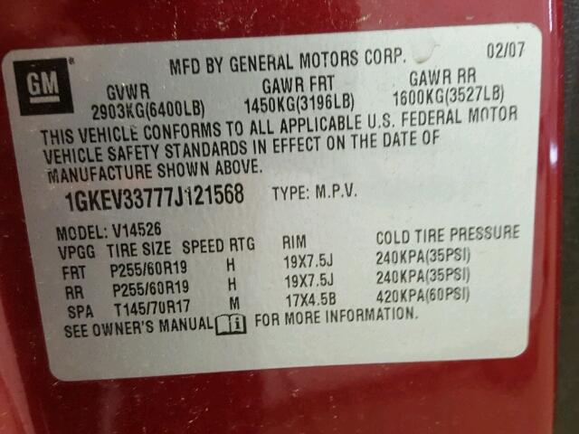 1GKEV33777J121568 - 2007 GMC ACADIA SLT ბურგუნდია ფოტო 10