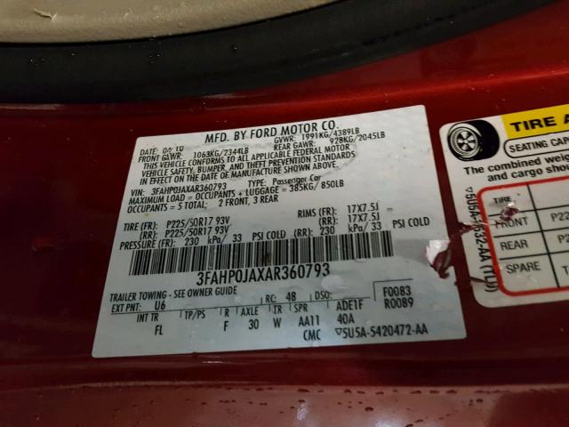 3FAHP0JAXAR360793 - 2010 FORD FUSION SEL RED photo 10