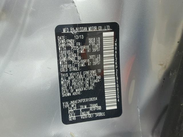 JN8AE2KP2E9108204 - 2014 NISSAN QUEST S SILVER photo 10