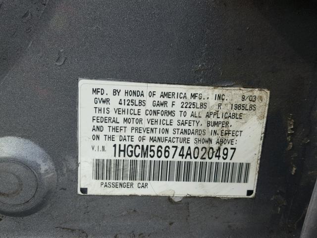 1HGCM56674A020497 - 2004 HONDA ACCORD EX GRAY photo 10