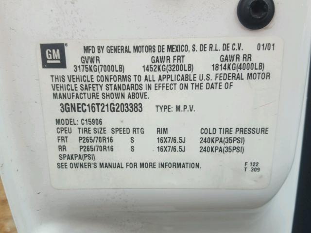 3GNEC16T21G203383 - 2001 CHEVROLET SUBURBAN C WHITE photo 10