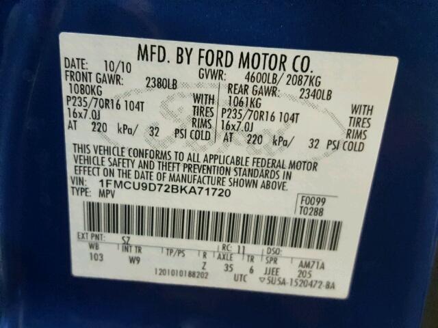 1FMCU9D72BKA71720 - 2011 FORD ESCAPE XLT BLUE photo 10