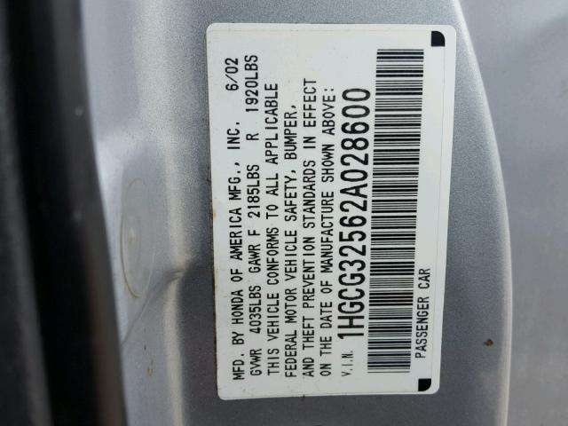 1HGCG32562A028600 - 2002 HONDA ACCORD EX GRAY photo 10