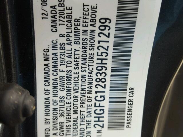 2HGFG12839H521299 - 2009 HONDA CIVIC EX ნაცრისფერი ფოტო 10