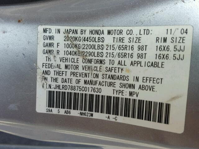 JHLRD78875C017630 - 2005 HONDA CR-V EX GRAY photo 10