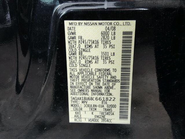 5N1AR18U68C661822 - 2008 NISSAN PATHFINDER BLACK photo 10