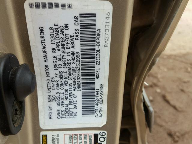 1NXBR32E55Z510963 - 2005 TOYOTA COROLLA CE BEIGE photo 10