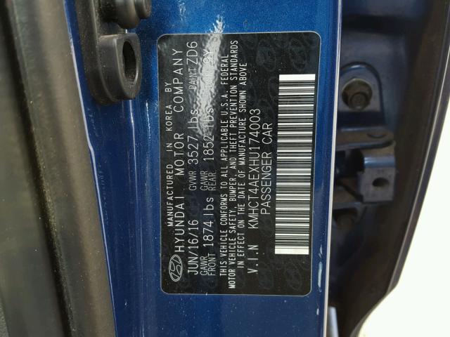 KMHCT4AEXHU174003 - 2017 HYUNDAI ACCENT SE BLUE photo 10