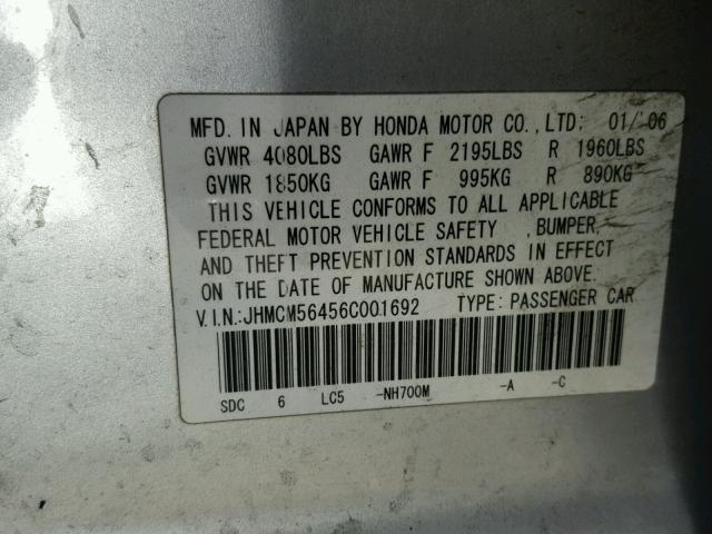 JHMCM56456C001692 - 2006 HONDA ACCORD LX GRAY photo 10