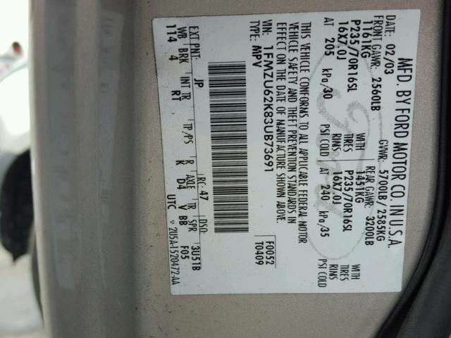 1FMZU62K83UB73691 - 2003 FORD EXPLORER X BEIGE photo 10