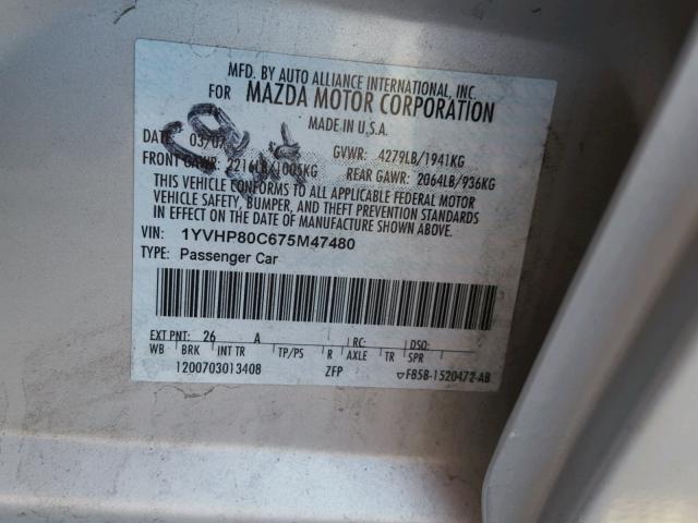 1YVHP80C675M47480 - 2007 MAZDA 6 I 银色 照片 10